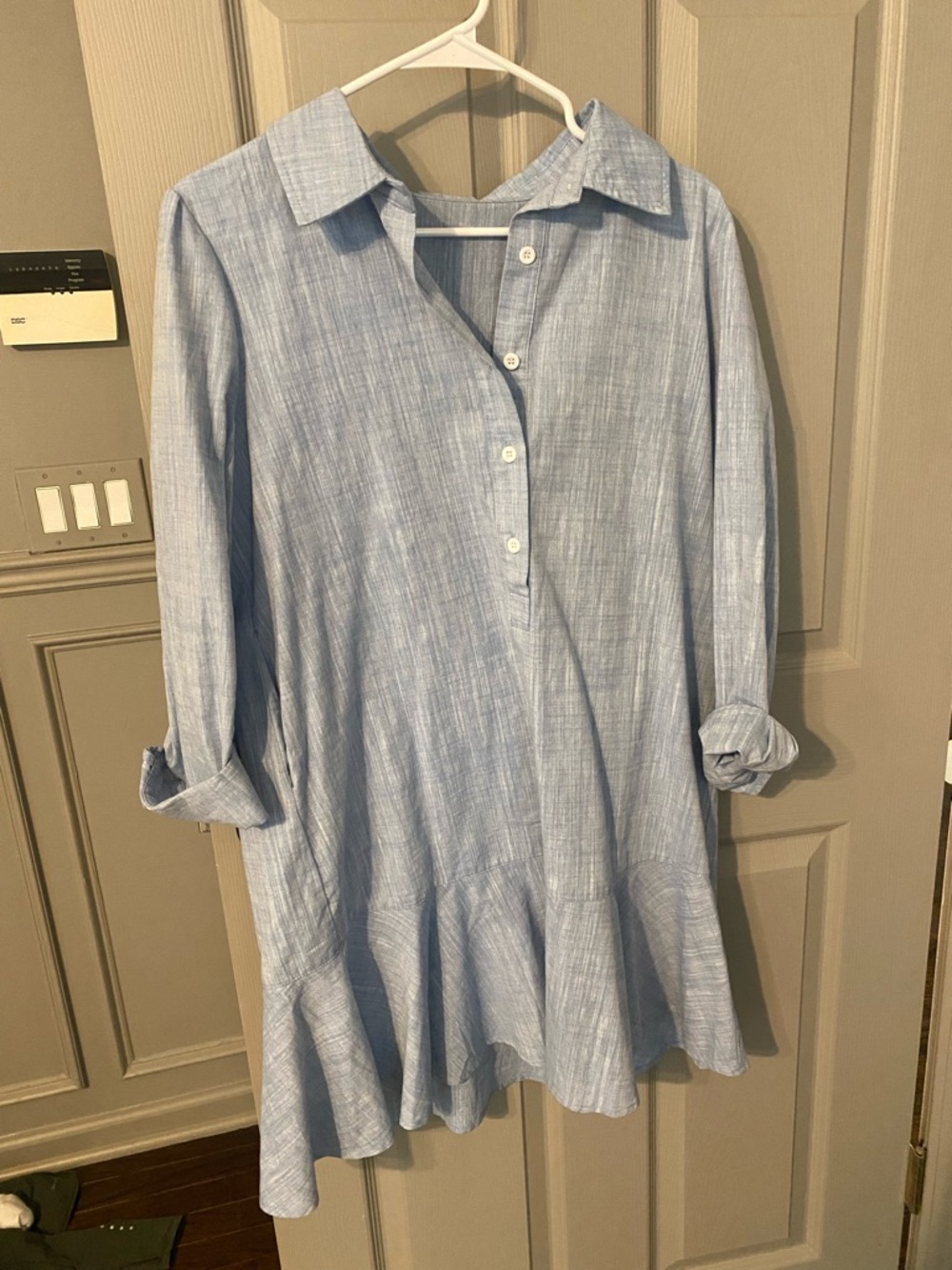 Light Blue Button-Front Ruffle Hem Women's Dress